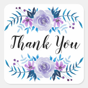 Sticker Carré Aquarelle Bleu violet Merci de couronne de fleurs