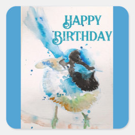 Sticker Carré Aquarelle bleu Wren Joyeux Anniversaire Wrens Aqua