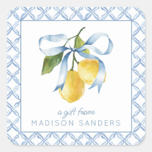 Sticker Carré Aquarelle Blue Bow Lemons Cadeau