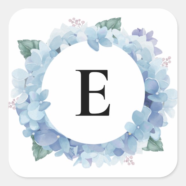 Sticker Carré Aquarelle Blue Hydrangeas Bold Script Monogramme (Devant)
