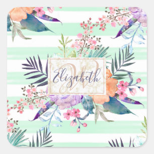 Sticker Carré Aquarelle Boho floral, feuille, rayures peinture m