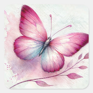 Sticker Carré Aquarelle botanique rose papillon