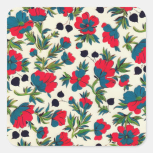 Sticker Carré Aquarelle botanique verte fleurie rouge