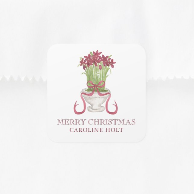 Sticker Carré Aquarelle Bourgogne Amaryllis Cadeau de Noël (Créateur téléchargé)