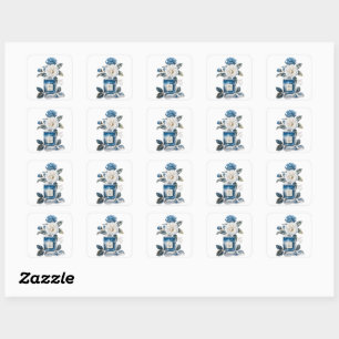 Sticker Carré Aquarelle Bouteille de Parfum avec Fleur Bleu & Bl