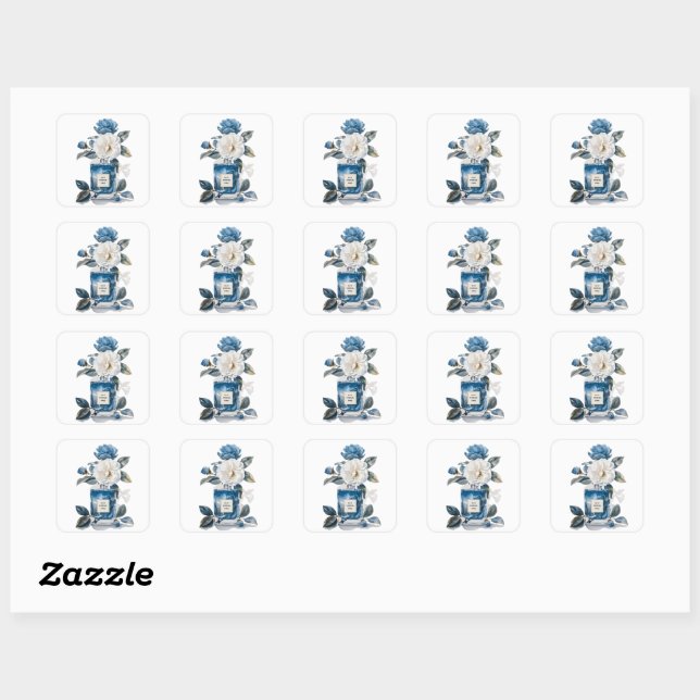 Sticker Carré Aquarelle Bouteille de Parfum avec Fleur Bleu & Bl (Feuille)