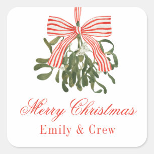 Sticker Carré Aquarelle Bow Mistletoe Noël
