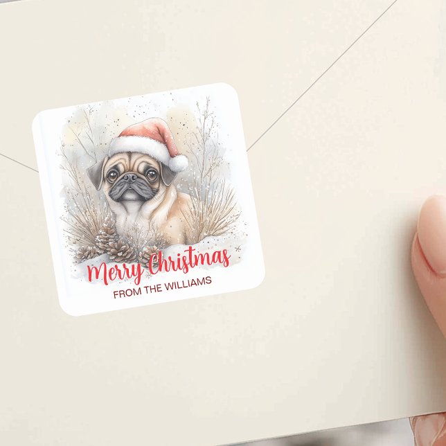 Sticker Carré Aquarelle Carlin Santa Hat Joyeux Noël (Watercolor Pug Santa Hat Merry Christmas Holiday Square Sticker)