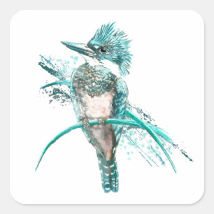 Sticker Carré Aquarelle ceinturée martin-pêcheur animal