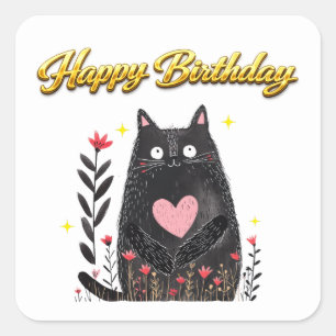 Sticker Carré Aquarelle Chat Noir Fleur Rose Anniversaire