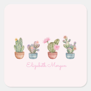 Sticker Carré Aquarelle Chic Succulents rose