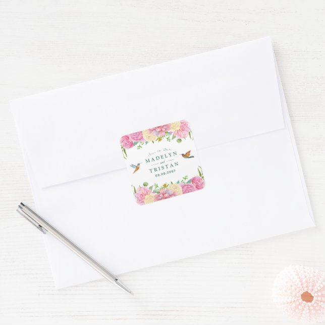 Sticker Carré Aquarelle chic vert et rose floral (Enveloppe)