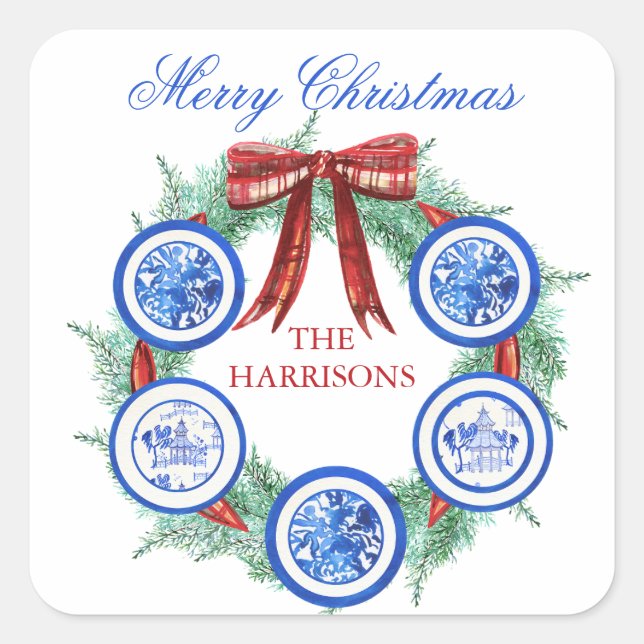 Sticker Carré Aquarelle Chinoiserie Plaques Wreath Noël (Devant)