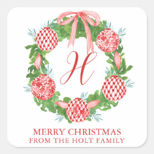 Sticker Carré Aquarelle Chinoiserie Wreath Noël