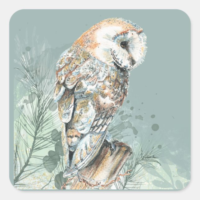 Sticker Carré Aquarelle Chouette Oiseau Faune Nature Art (Devant)