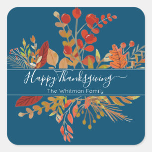 Sticker Carré Aquarelle Chute Folig Thanksgiving Bleu