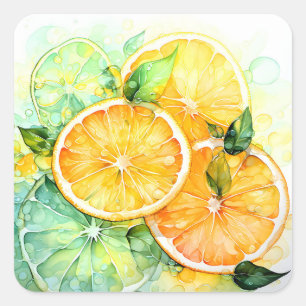 Sticker Carré Aquarelle Citron Orange Citron Vert Botanique Cuis