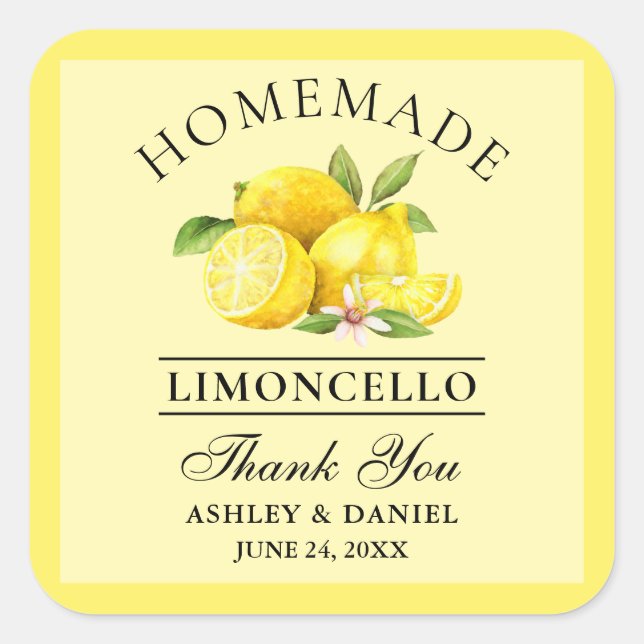 Sticker Carré Aquarelle Citrons Mariages Merci Limoncello Jaune (Devant)