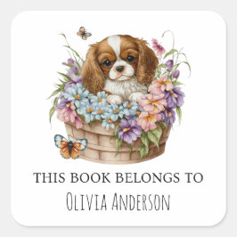 Sticker Carré Aquarelle CKCS Chiot en Fleurs Ce livre appartient