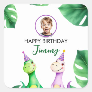 Sticker Carré Aquarelle Colorée Trex Enfants Photo Anniversaire