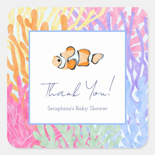 Sticker Carré Aquarelle Coral Reef Baby shower Merci (Devant)