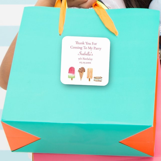 Sticker Carré Aquarelle Crème glacée & Popsicles Merci anniversa (A colorful thank you sticker for your gift bag! )