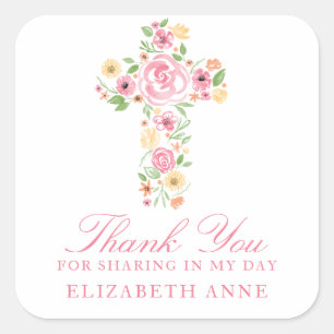 Sticker Carré Aquarelle Croix rose Fleur première communion