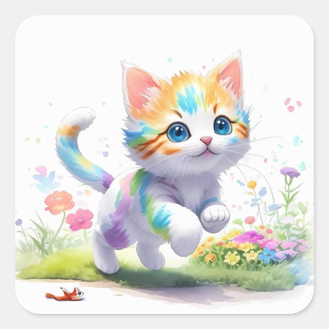 Sticker Carré Aquarelle Cute chat (Devant)
