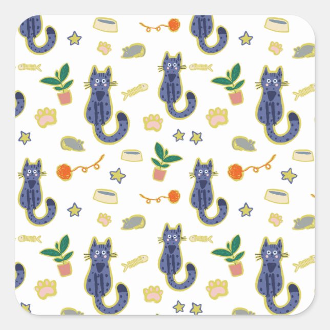 Sticker Carré Aquarelle Cute Chats Motif (Devant)