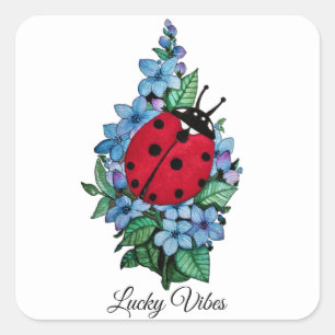 Sticker Carré Aquarelle Cute Ladybird Avec Fleurs Bleues Sauvage