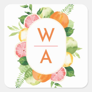 Sticker Carré Aquarelle d'agrumes Monogramme Enveloppe de crête