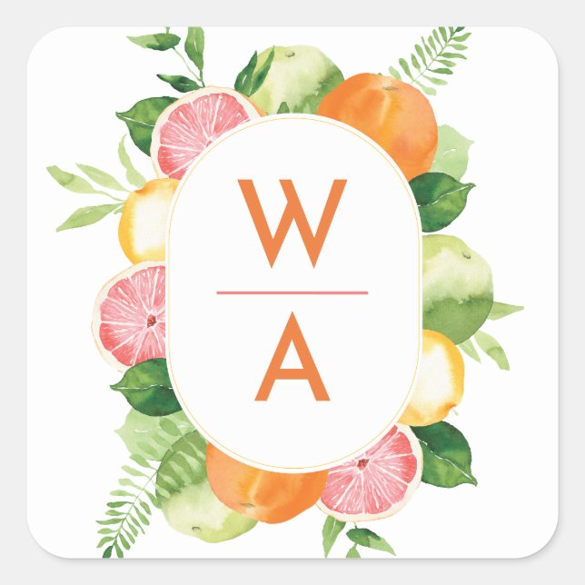 Sticker Carré Aquarelle d'agrumes Monogramme Enveloppe de crête  (Devant)