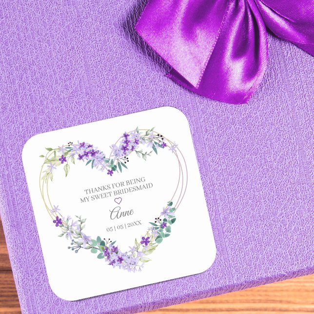 Sticker Carré Aquarelle de Bridesmaid Coeur floral en pourpre (Créateur téléchargé)