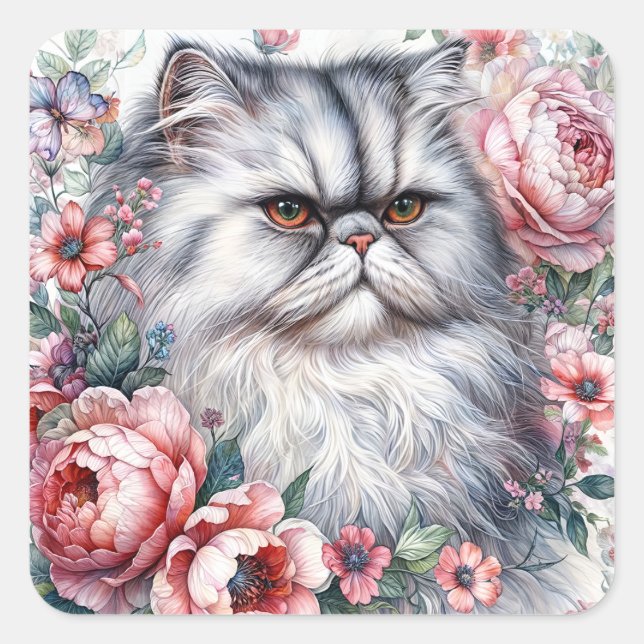 Sticker Carré Aquarelle de chat perse Portrait floral (Devant)