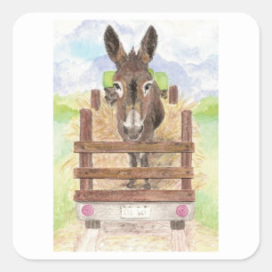 Sticker Carré Aquarelle de l'âne Burro Cute Art animal de ferme