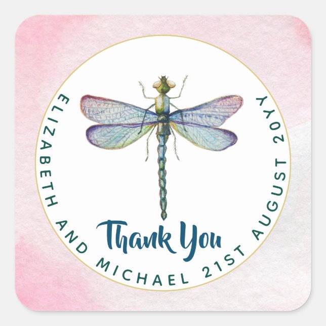 Sticker Carré Aquarelle de libellule pourpre Budget Mariage flor (Devant)