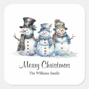 Sticker Carré Aquarelle de Noël classique Snowman