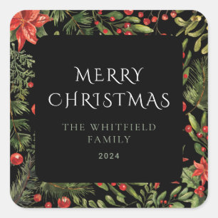Sticker Carré Aquarelle de Noël Floral Green Family