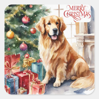 Sticker Carré Aquarelle de Noël Golden Retriever