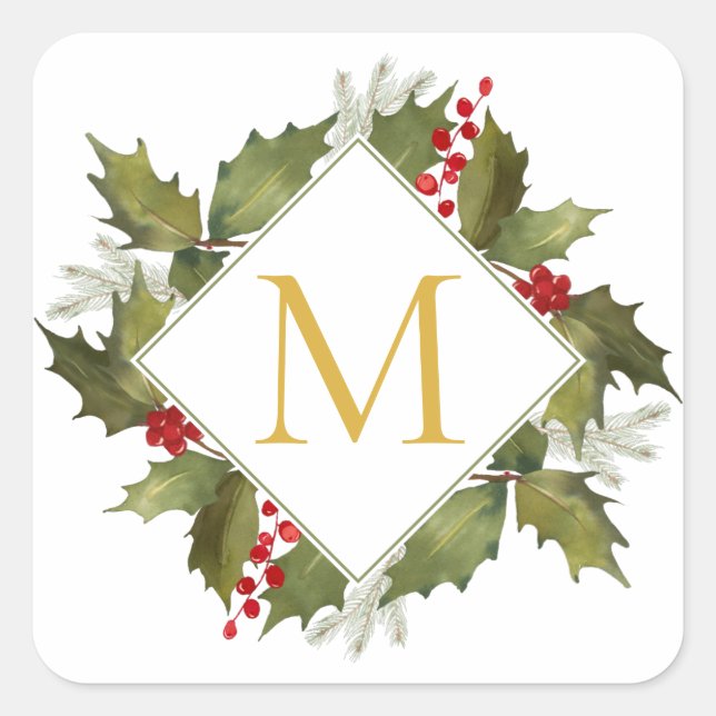 Sticker Carré Aquarelle de Noël Gros Monogramme Holly Wreath (Devant)