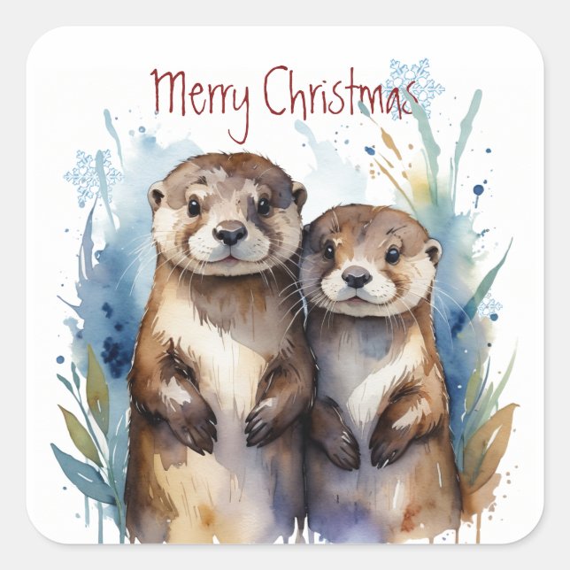 Sticker Carré Aquarelle de Noël mignonne Otter Couple Animaux (Devant)