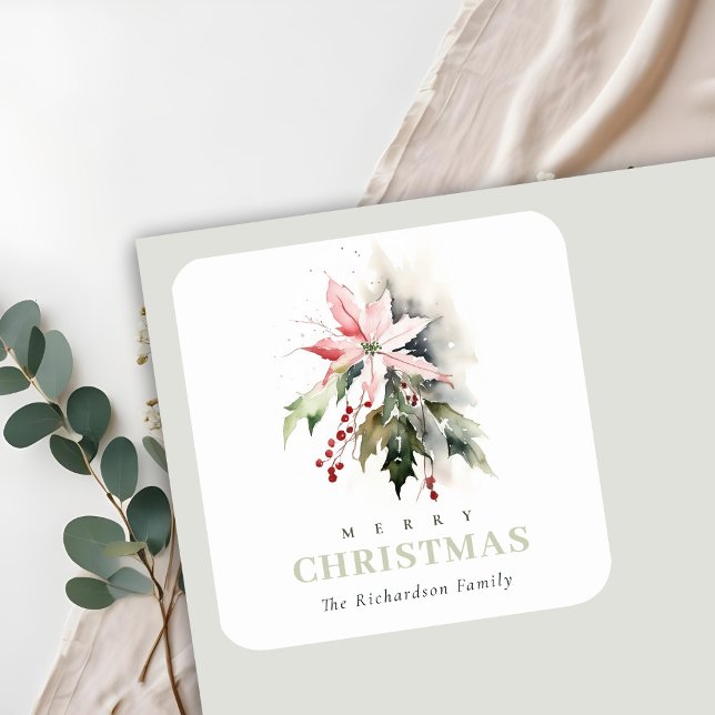 Sticker Carré Aquarelle de Noël Poinsettia Berries Folithe (Créateur téléchargé)
