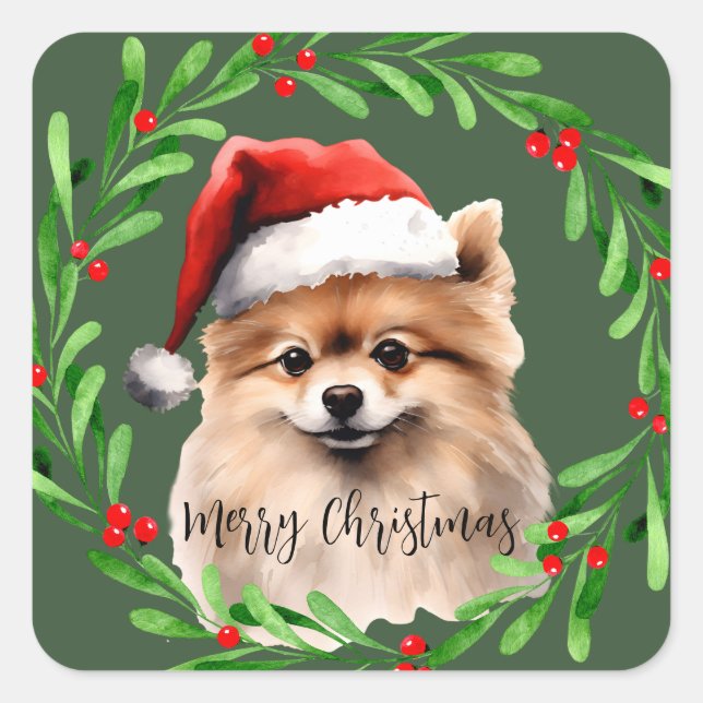 Sticker Carré Aquarelle de Noël Poméranie Mailing chien (Devant)