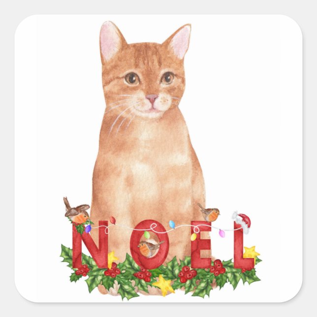 Sticker Carré Aquarelle de Noël Tabby Cat (Devant)