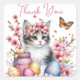 Sticker Carré Aquarelle de Pâques Kitten Oeufs et fleurs -
