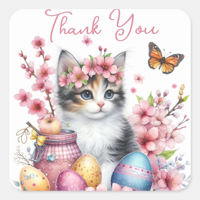 Sticker Carré Aquarelle de Pâques Kitten Oeufs et fleurs - (Devant)