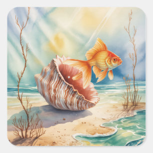 Sticker Carré Aquarelle de poisson rouge dans la coquille de cor