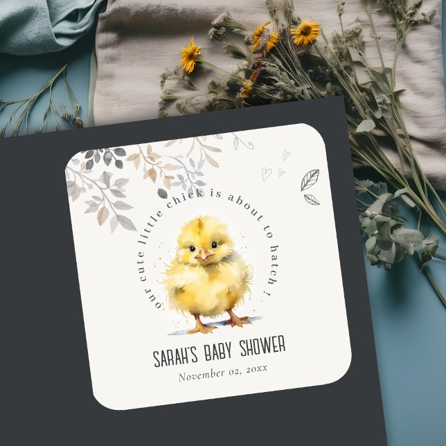 Sticker Carré Aquarelle de poulet de ferme mignonne Baby shower  (Créateur téléchargé)