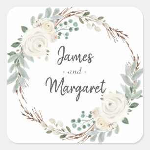 Sticker Carré Aquarelle d'ivoire Floral Mariage d'hiver
