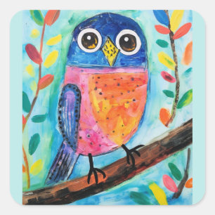 Sticker Carré Aquarelle d'Oiseau de Chouette
